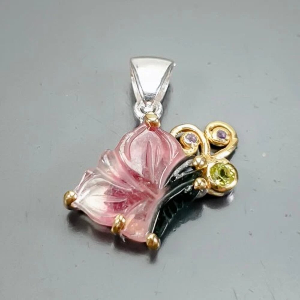 PENDANT 6CT+ Natural Watermelon Tourmaline with Peridot and Amethyst 925